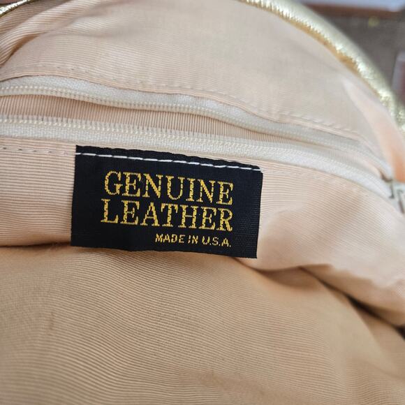 Genuine Leather Vtg USA Gold Silver Metallic  Patchwork Studded Clam Shell Bag - Picture 7 of 10